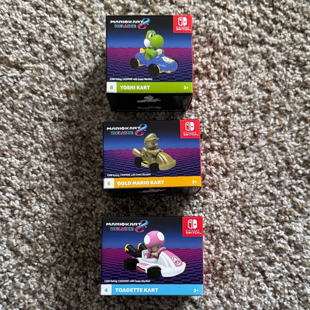 McDonaldxNintendo Mario Kart 8 Deluxe Yoshi, Gold Mario, and Toadette Figures